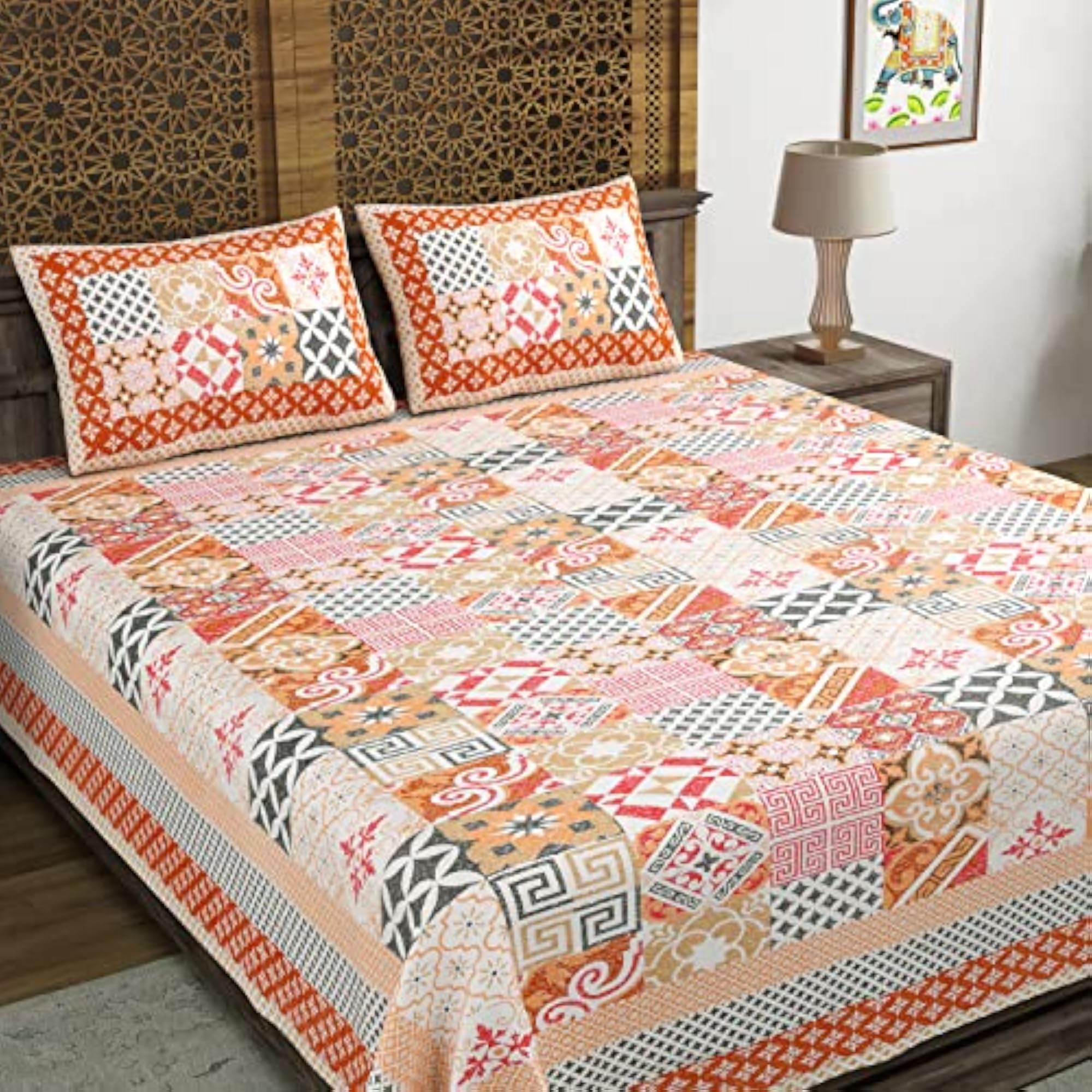 Hand Block Print Cotton King Size Bedsheet in Orange Ikat