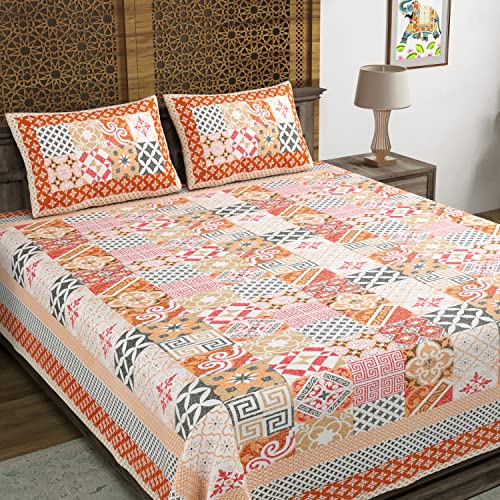 Image of BLOCKS OF INDIA Hand Block Printed 200 TC Cotton King Size Bedsheet (Orange Ikat)