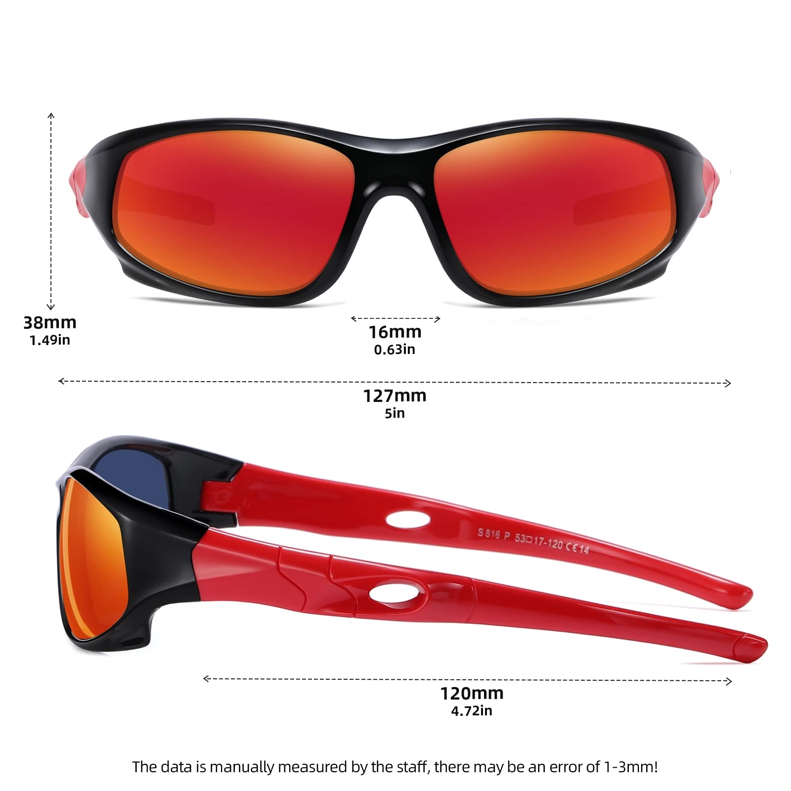 DYLB Flexible Kinder-Sonnenbrille für Jungen und Mädchen, mit Riemen, Sport-Sonnenbrille für Kinder im Alter von 3–10 Jahren, Weiß, Blau, Rot, Schwarz, Gelb, Größe M, 3 Stück