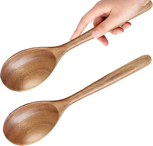2 cucharas de madera de acacia para cocinar cucharas de cocina de acabado liso de 12 pulgadas, cucharas de madera de agarre cómodo para cocinar,