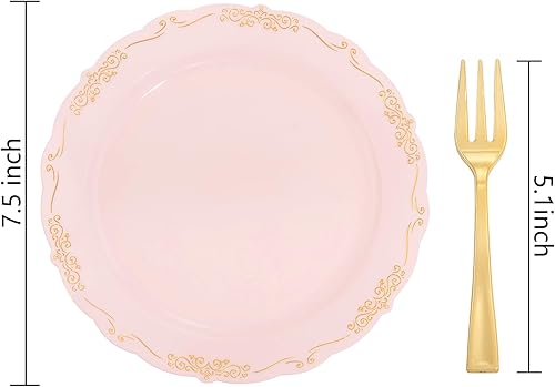 Miniatura 2 de LIYH - 100 platos de postre de oro rosa, 100 tenedores de plástico dorado, platos de pastel desechables con tenedores, platos de aperitivo, platos