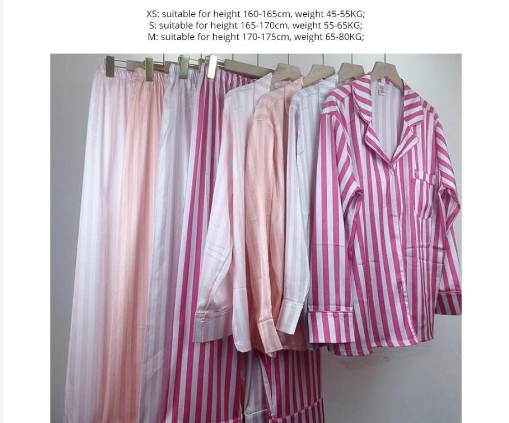Pijamas De Mujer,Conjunto De Pijama De Rayas De Satén Sedoso Con Cuello En V De Seda De Caramelo,Mangas Largas,Ropa De Dormir,Pijama Con Botones,Ropa De Dormir De Cuerpo Entero,Ropa De Dormir,Rosa C