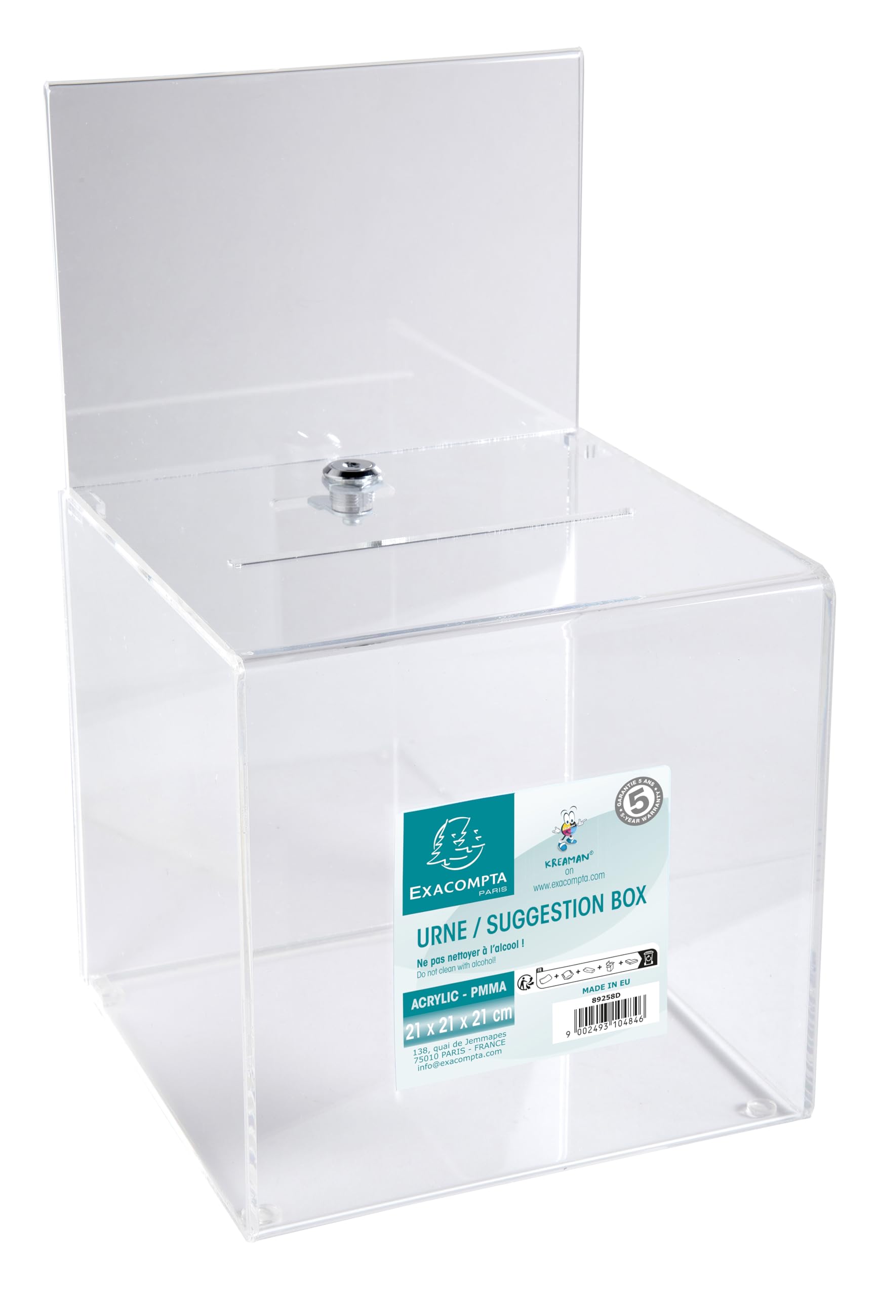 Exacompta - Rif. 89258D - 1 urna con coperchio chiuso a chiave, per banconote, scrutini, scatola per idee, regali, con poster A5, acrilico trasparente, dimensioni: 21 x 21 x 21 cm, colore cristallo