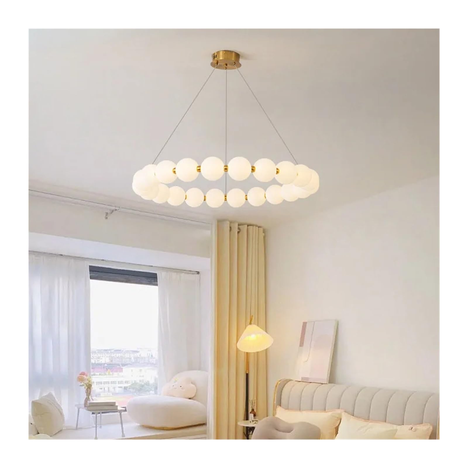 Nowoczesna biała akrylowa lampa wisząca z kulką i miedzianą diodą LED, idealna do oświetlenia jadalni lub sypialni (średnica 62 cm).