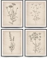 PLKMN Set of 4 Vintage Floral Boho Wall Art Prints, Neutral Wildflower Pictures, 8x10 Unframed Minimalist Farmhouse Decor for Bathroom Kitchen