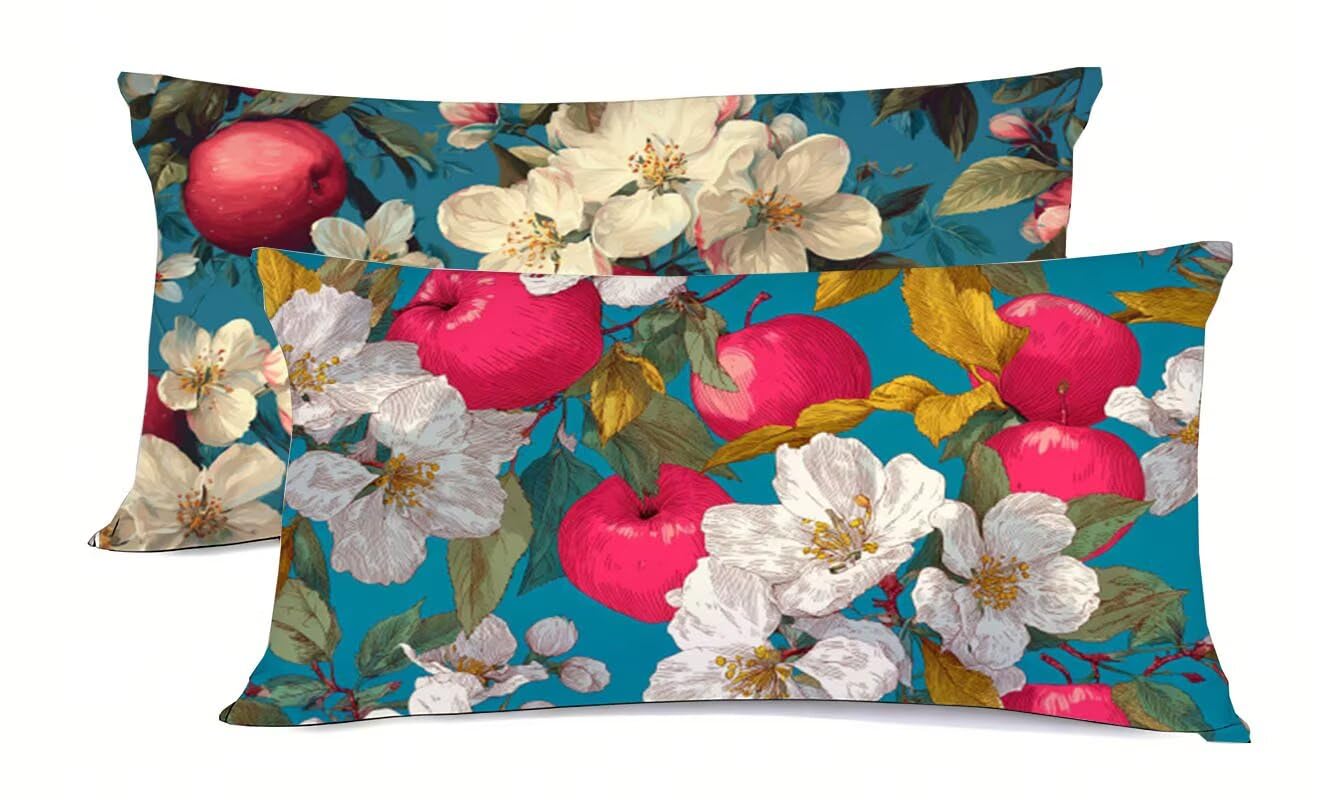 Taie d'oreiller 40x70cm fleurs et fruits lot de 2 en lin avec fermeture pour coussin décoratif