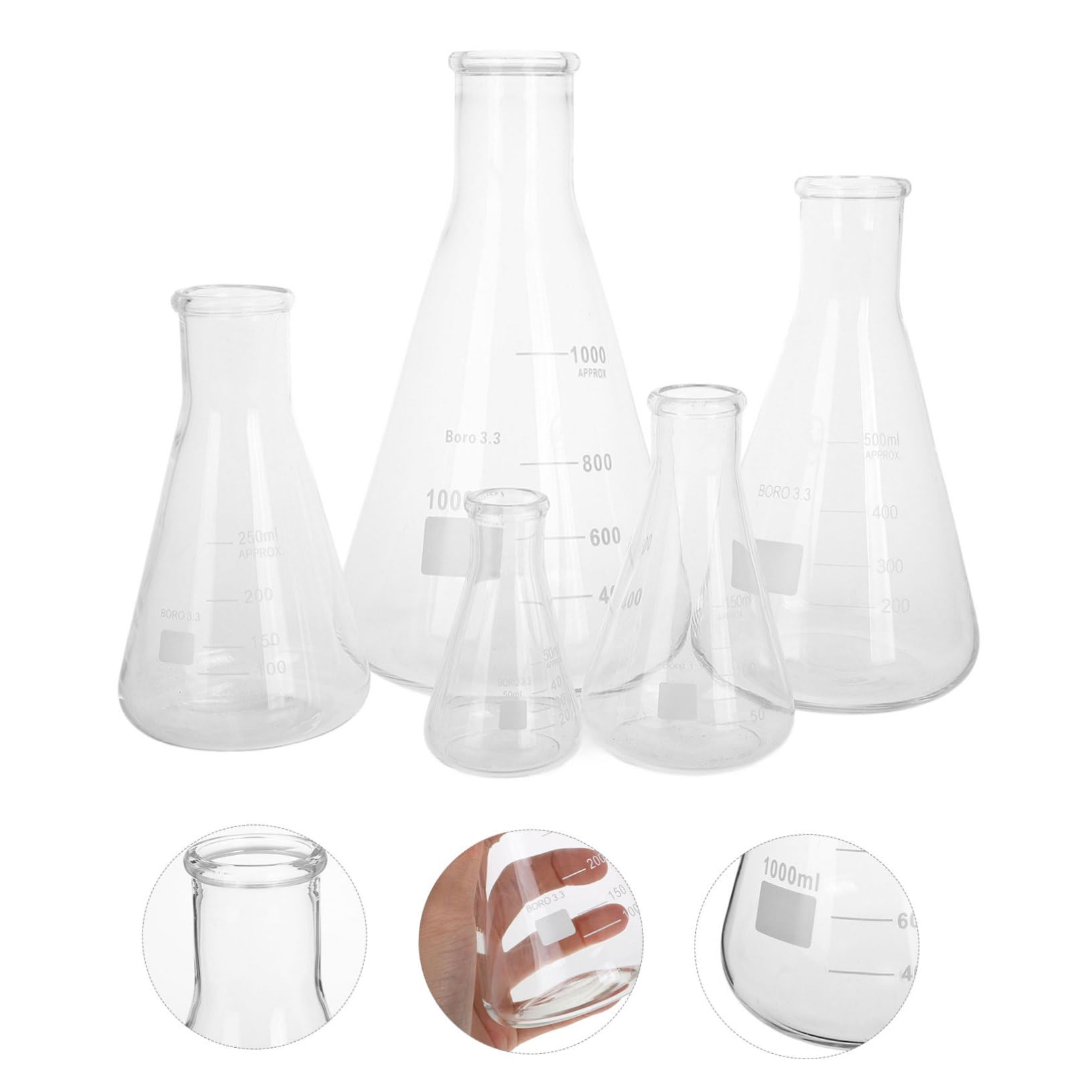 SOIMISS Matraces de Vidrio de Borosilicato Resistentes al Calor, 5 Piezas (50 Ml, 150 Ml, 250 Ml, 500 Ml, 1 L), Base Triangular Estable para Pruebas Científicas y Accesorios