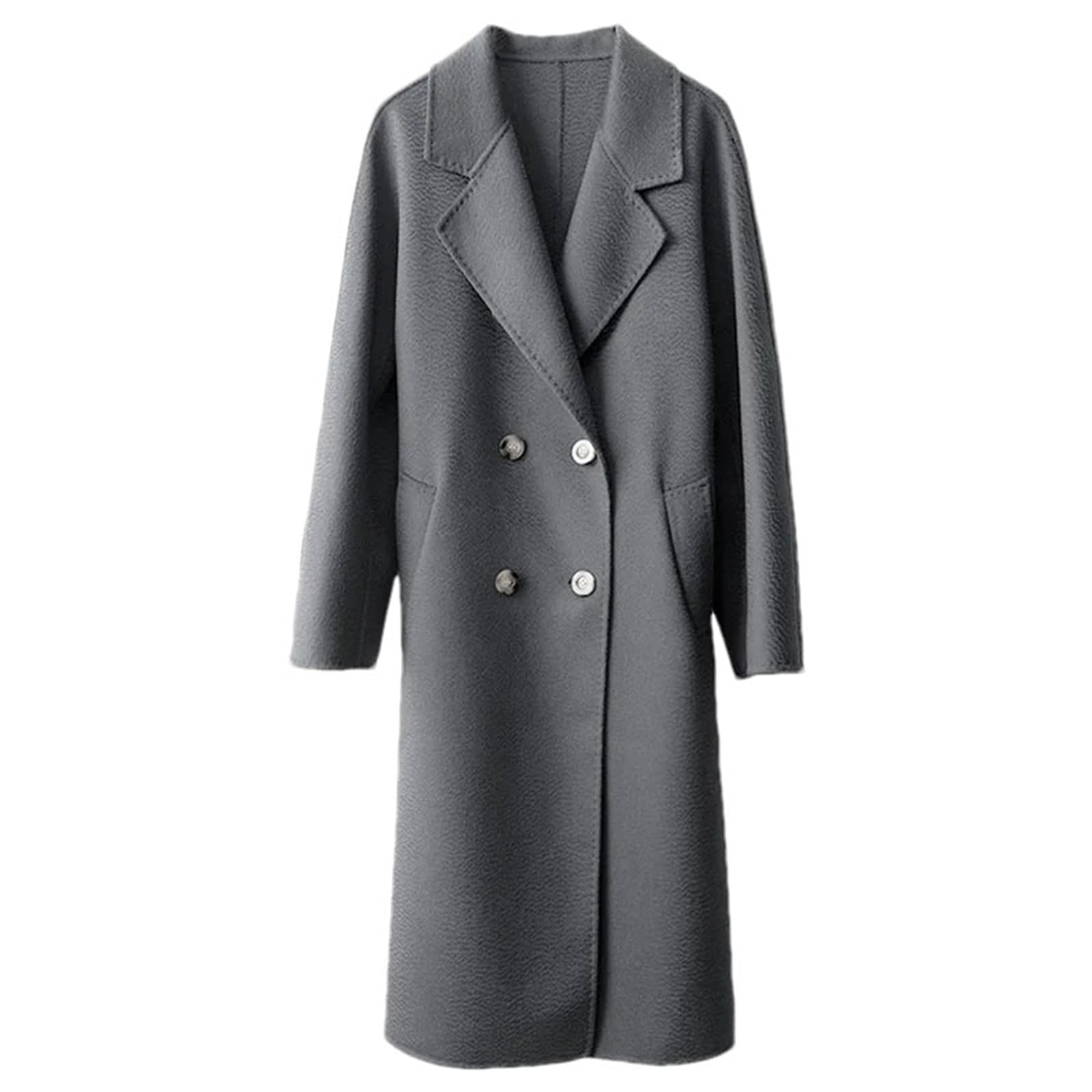 Womens Water Wave Wool Long Trench Coat Loose Notched Lapel Belted Reversible Coat Outerwear
