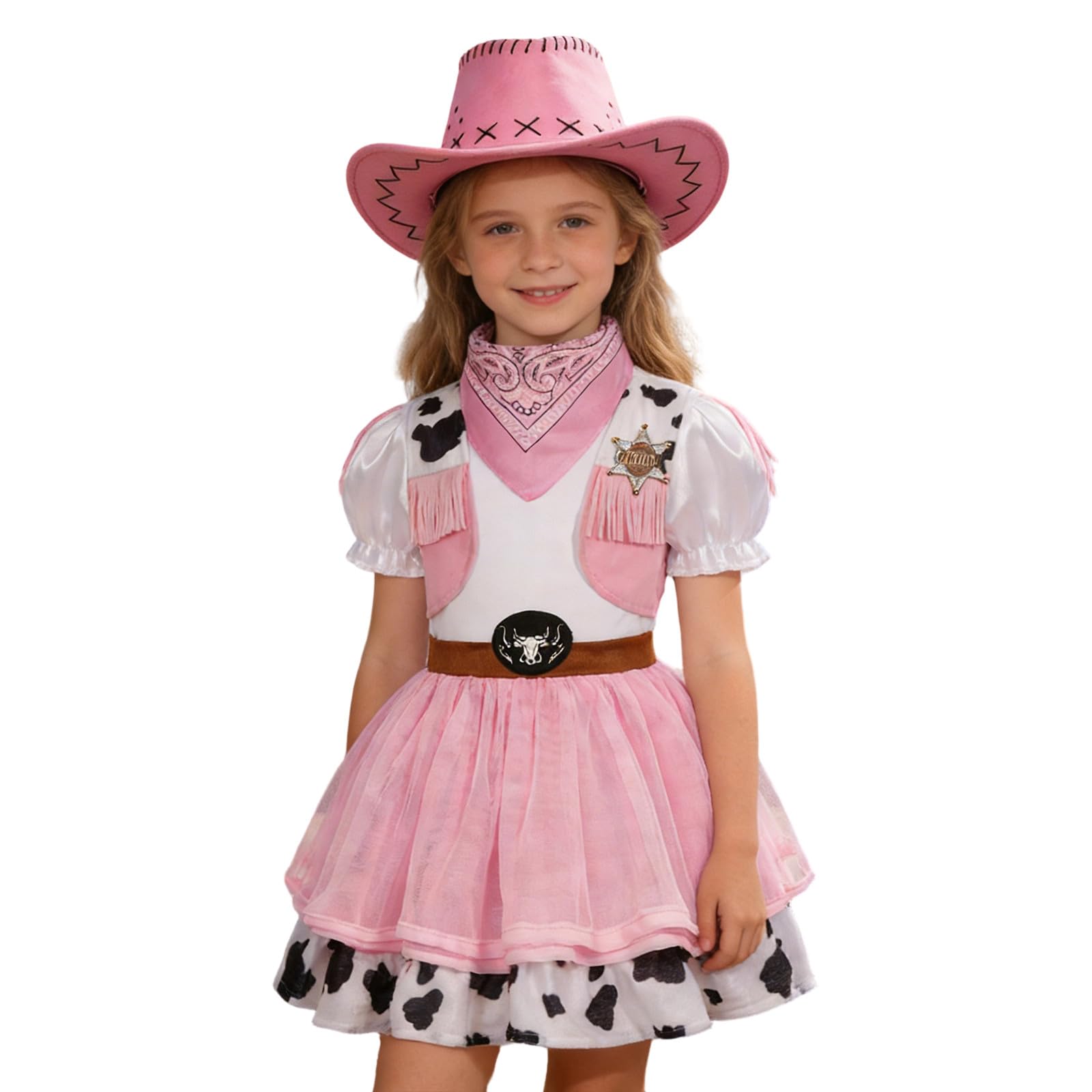 Generisch Robe de cowboy pour fille - Rose - Robe d'été occidentale - Jupe en tulle streetwear - Mini robe de cosplay - Robe de festival - Avec chapeau de cowboy - 2 pièces - Tenue de carnaval
