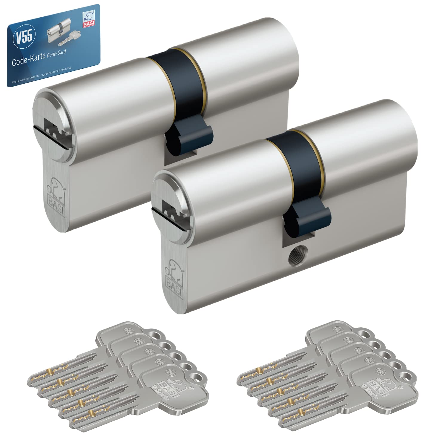 BASI | 2er SET V55 Profil-Doppelzylinder 40/40 mm | Gleichschließend | Zylinderschloss mit 5 Wendeschlüssel | Bohrmuldenschlüssel | Pickingschutz & Anbohrschutz | Türzylinder Schließzylinder