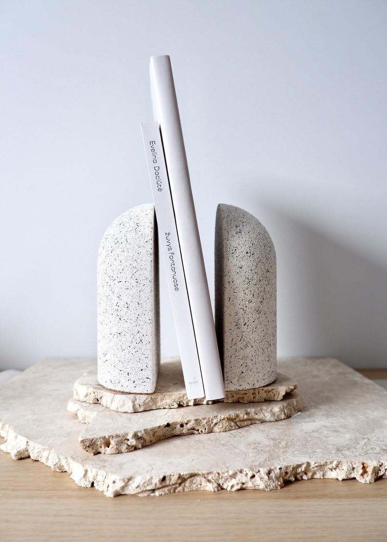 Modern Granite Effect Bookends - Minimalist Plaster Set for Heavy Duty Book Organization
