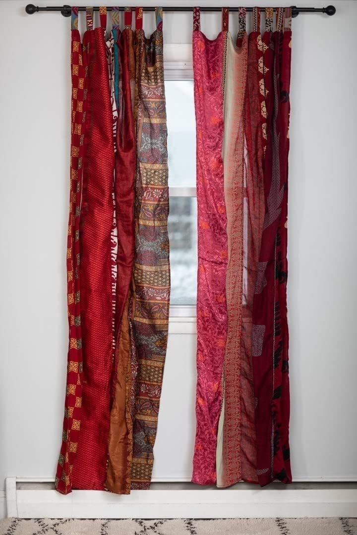 YILLE Handmade Boho Silk Sari Curtain Panel (1 Piece), Bohemian Vintage Lightweight Recycled Indian Silk Saree Window Drapes for Living Room, Aesthetic Home Décor Wall Hanging - 84 X 43, Red