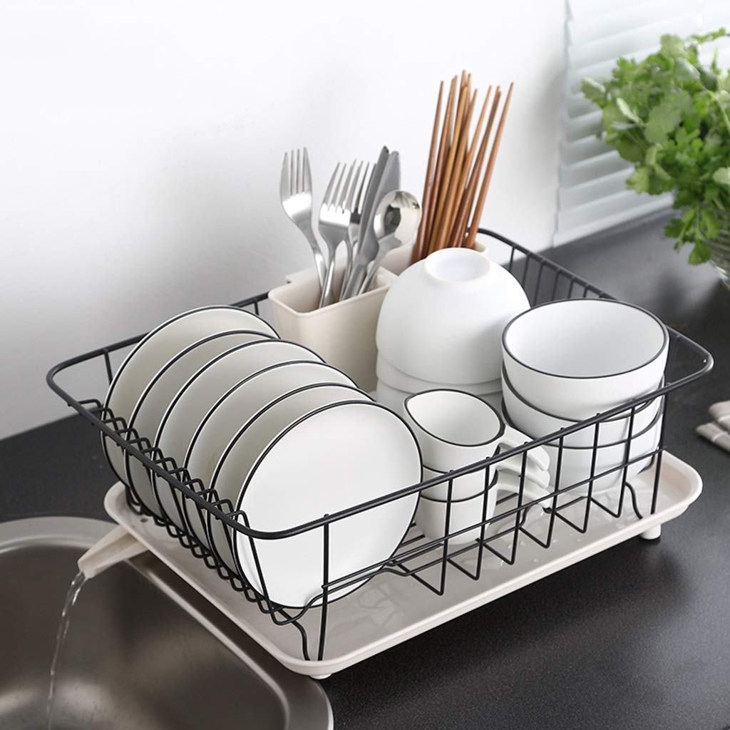 Scolapiatti in acciaio inox 304, scolapiatti con vaschetta raccogligocce in plastica, porta cestello: 37,5 x 29,3 x 17 cm