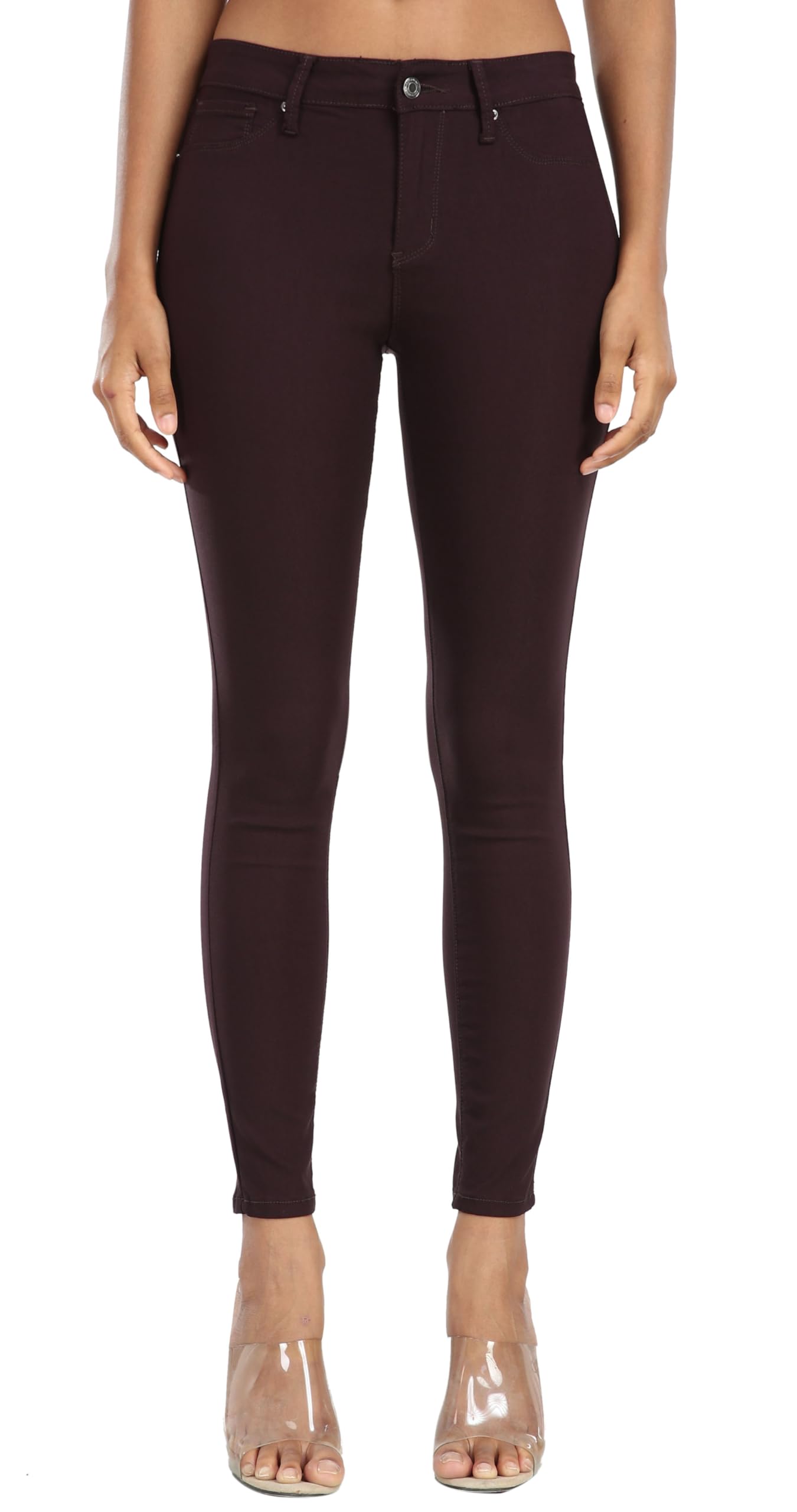WAYRUNZ Womens Hyper Ultra Stretch Comfy Pants Colored Mid-Rise Skinny Jean Juniors Jegging, 026-berry Brown, 8