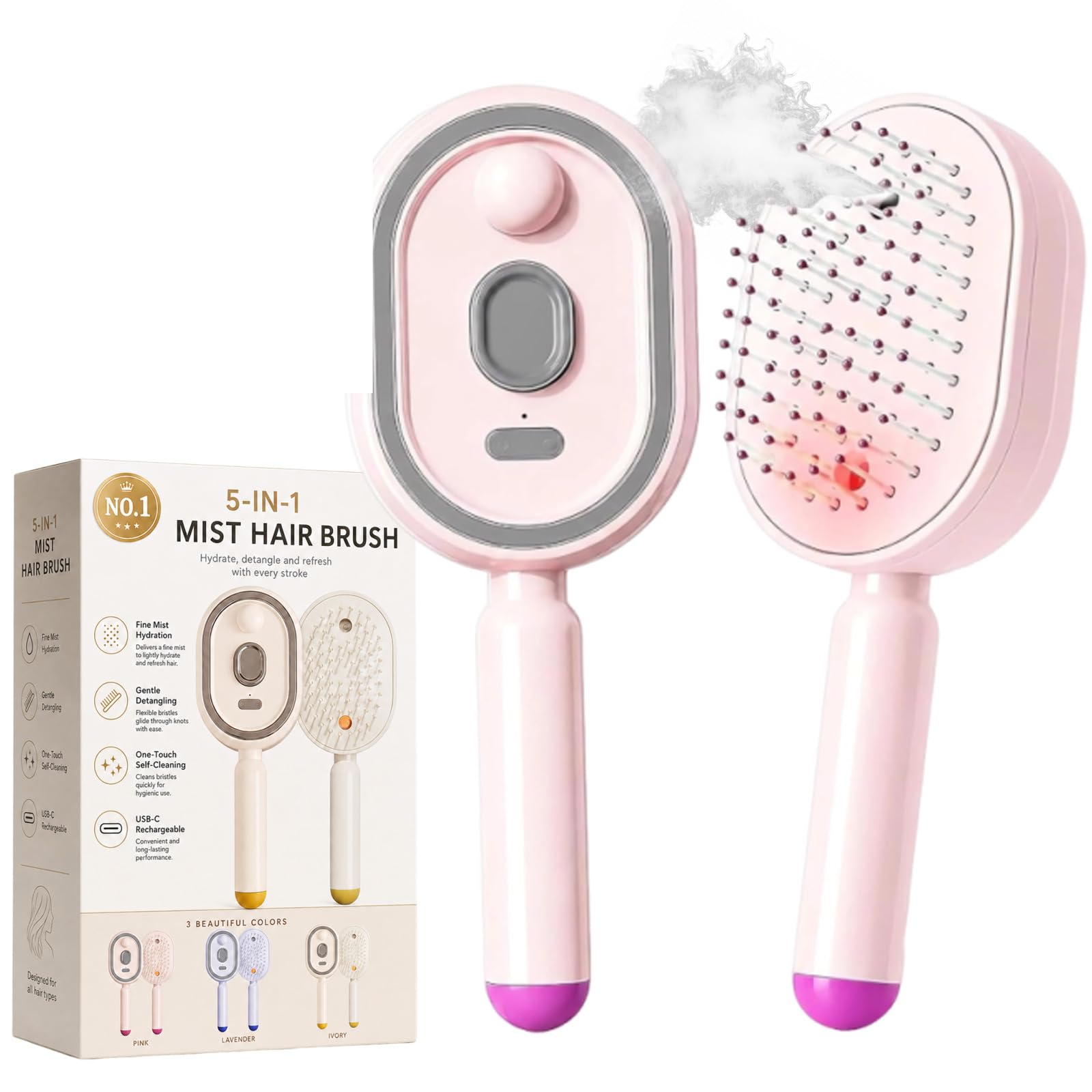 Peigne De Massage Electrique a Spray, Brosse Vapeur Cheveux 5 en 1 avec Brume Fine, Mode Lumière Rouge, Nettoyage Rétractable, Anti-Nœuds et Antistatique pour Cheveux Frisottés (Rose)