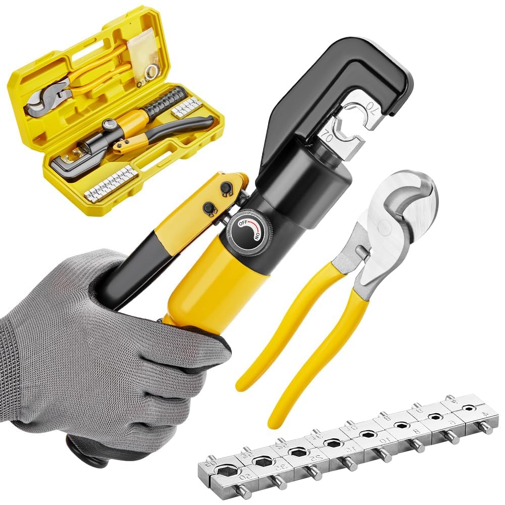 TEENO Pinza crimpatrice idraulica 10T e tagliacavi, da 12 a 2/0 AWG, pinza crimpatrice manuale per terminali elettrici e fili, kit con 9 matrici