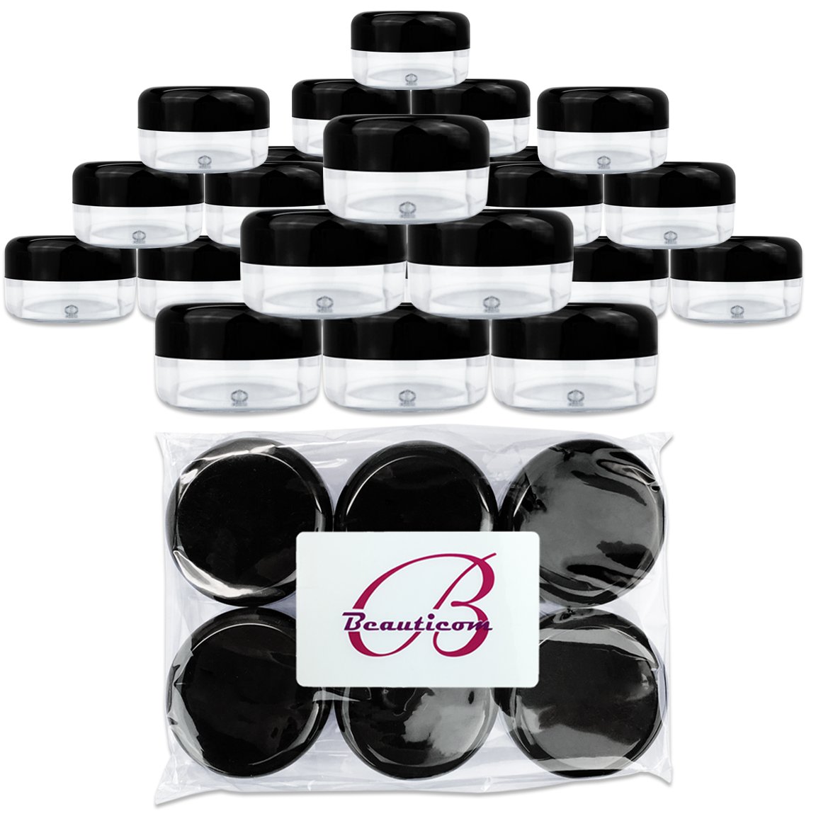 Beauticom 15 gram/15ml Empty Clear Small Round Travel Container Jars with Lids for Make Up Powders, Eyeshadow Pigments, Lotions, Creams, Lip Balm, Lip Gloss, Samples (24 Pieces, Black Lid)