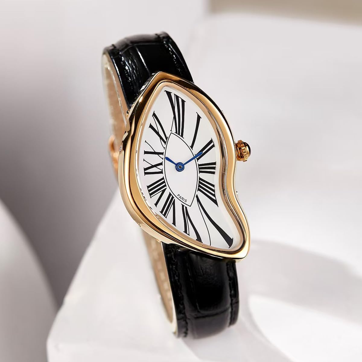 PINTIME Irregular Men's Watch, Gold - Plated Case with Roman Numerals, Black Leather Strap, Unique Artistic Design Wristwatch for Men