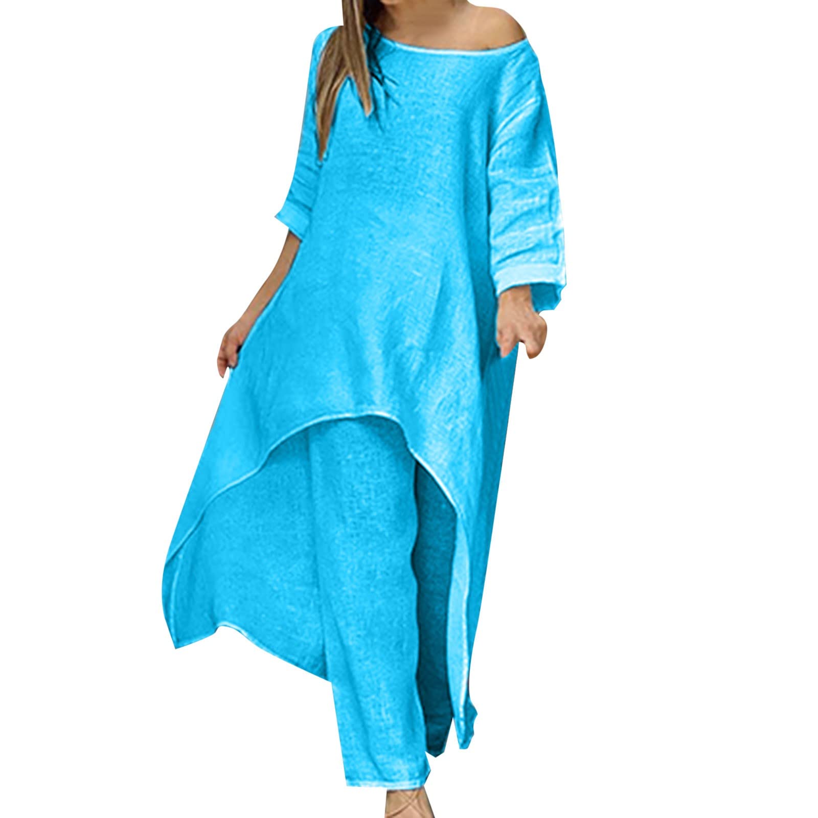 ADMAY Conjunto de mujer de verano de 2 piezas de negocios traje conjunto de blusa estampada de cinco mangas para mujer de algodón y lino con pantalones de dos piezas