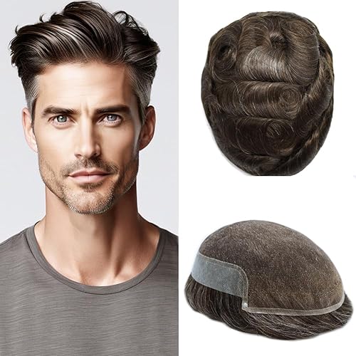 Toupee - Pieza de cabello humano real, sistema de reemplazo de encaje suizo suave para hombre, pieza de pelo de tupé, protesis capilar para hombre