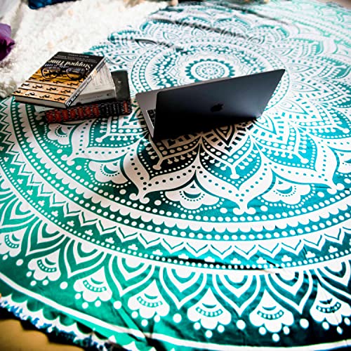 Folkulture Set Of 2 Ombre Mandala Tapestry Or Round Beach Blanket Hippie Indian Bohemian Picnic Table Cover Spread Or Boho Gypsy Tablecloth Or Circle Yoga Mat Or Towel For Meditation - 72 Inches, Blue And Green #TOP2