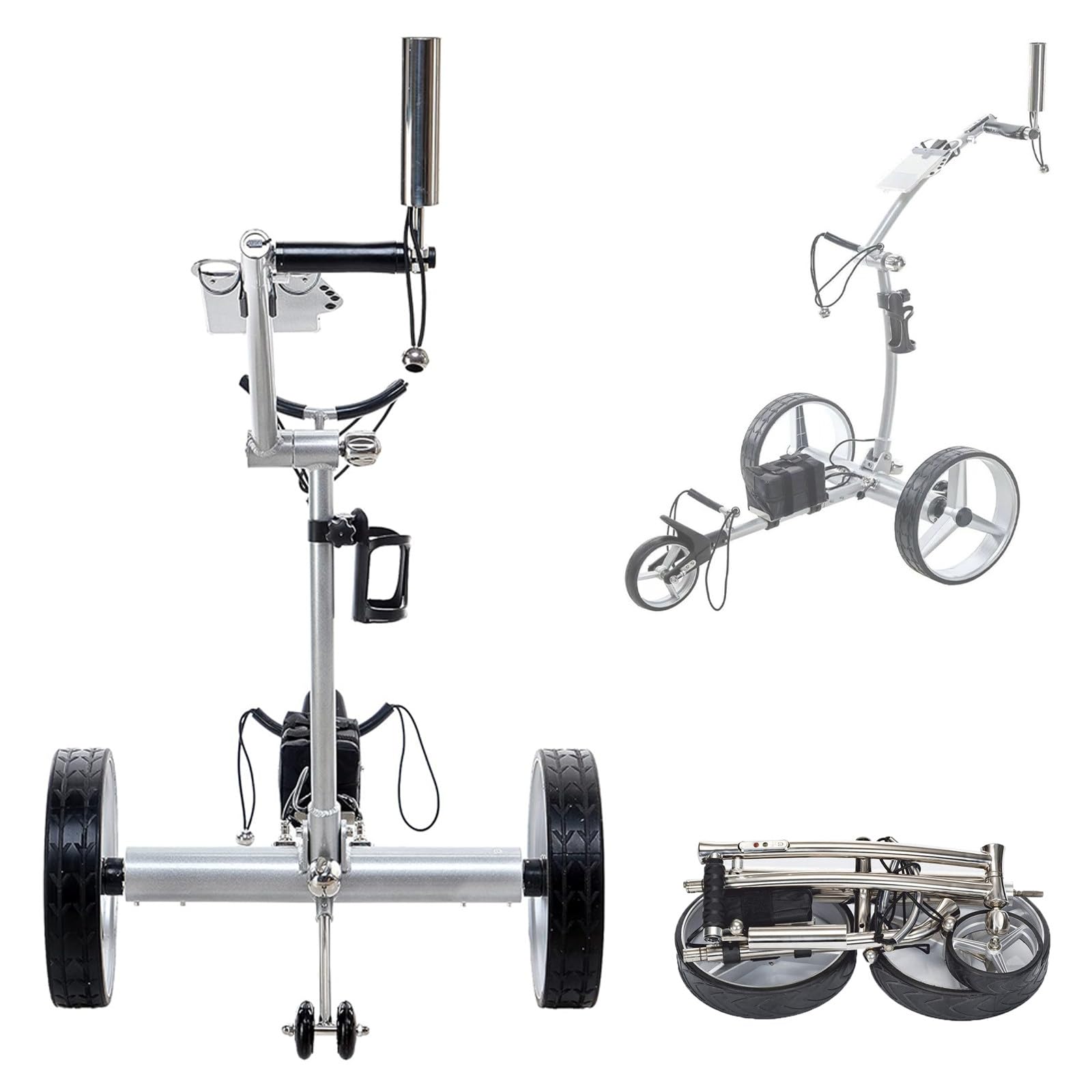 Carrito de Golf eléctrico de 3 Ruedas con Control Remoto, Portátil y Plegable, con Soporte para Teléfono, Taza y Paraguas, de Acero Inoxidable