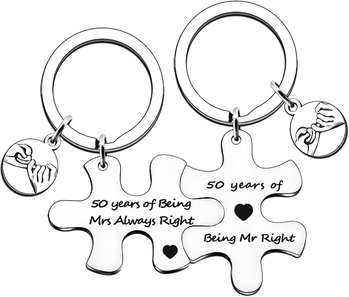 Posoto Unisex Silver 2Pcs 50Th Wedding Anniversary Present For Couple - Golden Wedding Anniversary Present For Him And Her - Unique Puzzle Keyrings Set Keepsake For 50Th Anniversary