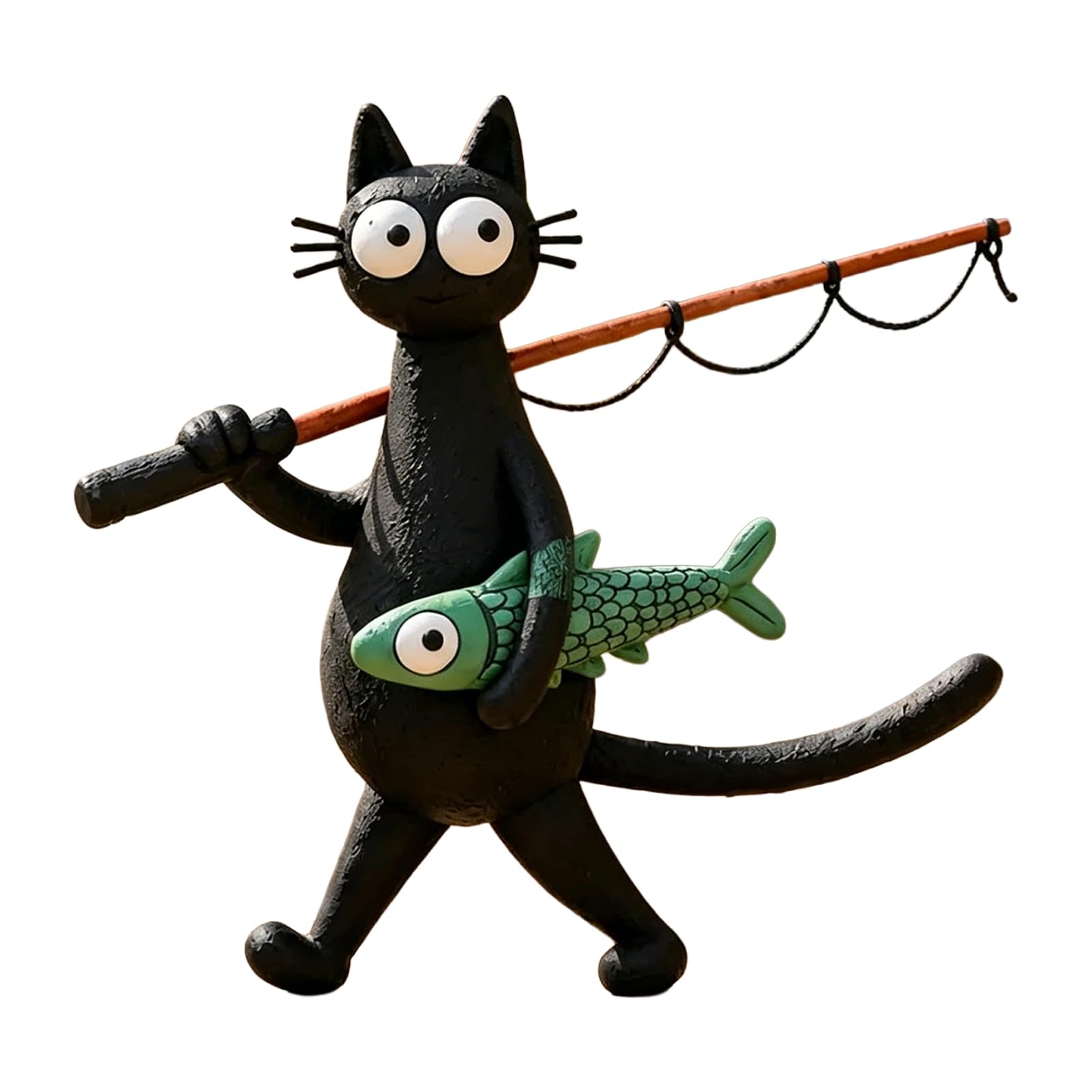 Whimsical Fishing Cat Figurine Black Resin Statue Holding Rod & Fish Vintage Desk Decor for Bookshelf Cabin Patio 4.72 InchBlack