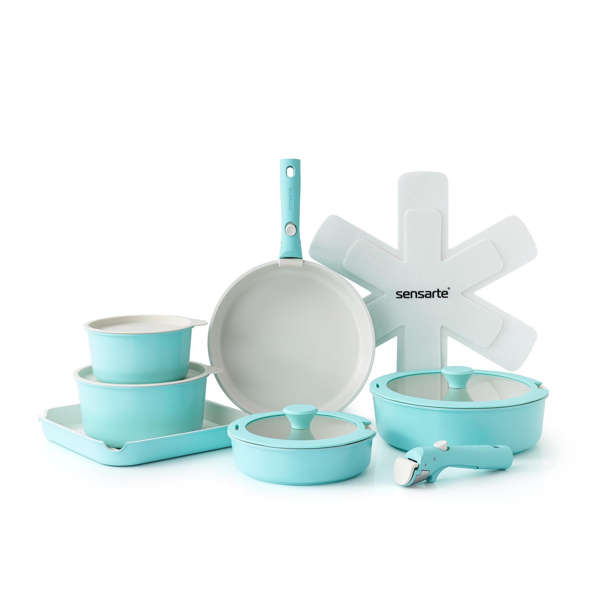 SENSARTE 17 Piece Pots and Pans Set, Nonstick Detachable Handle Cookware, Induction Kitchen Cookware Set with Removable Handle, Healthy Non Stick RV Cookware, Oven Safe (Turquoise)