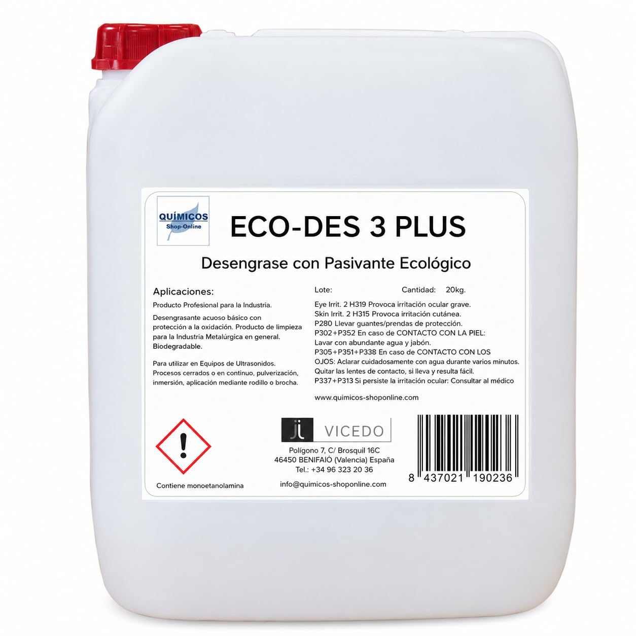 ECO-DES 3 PLUS 20 L, Desengrasante Ecológico con Pasivante para Piezas Metálicas, Uso Directo, Protección frente a la Oxidación, Ultrasonidos e Inmersión.