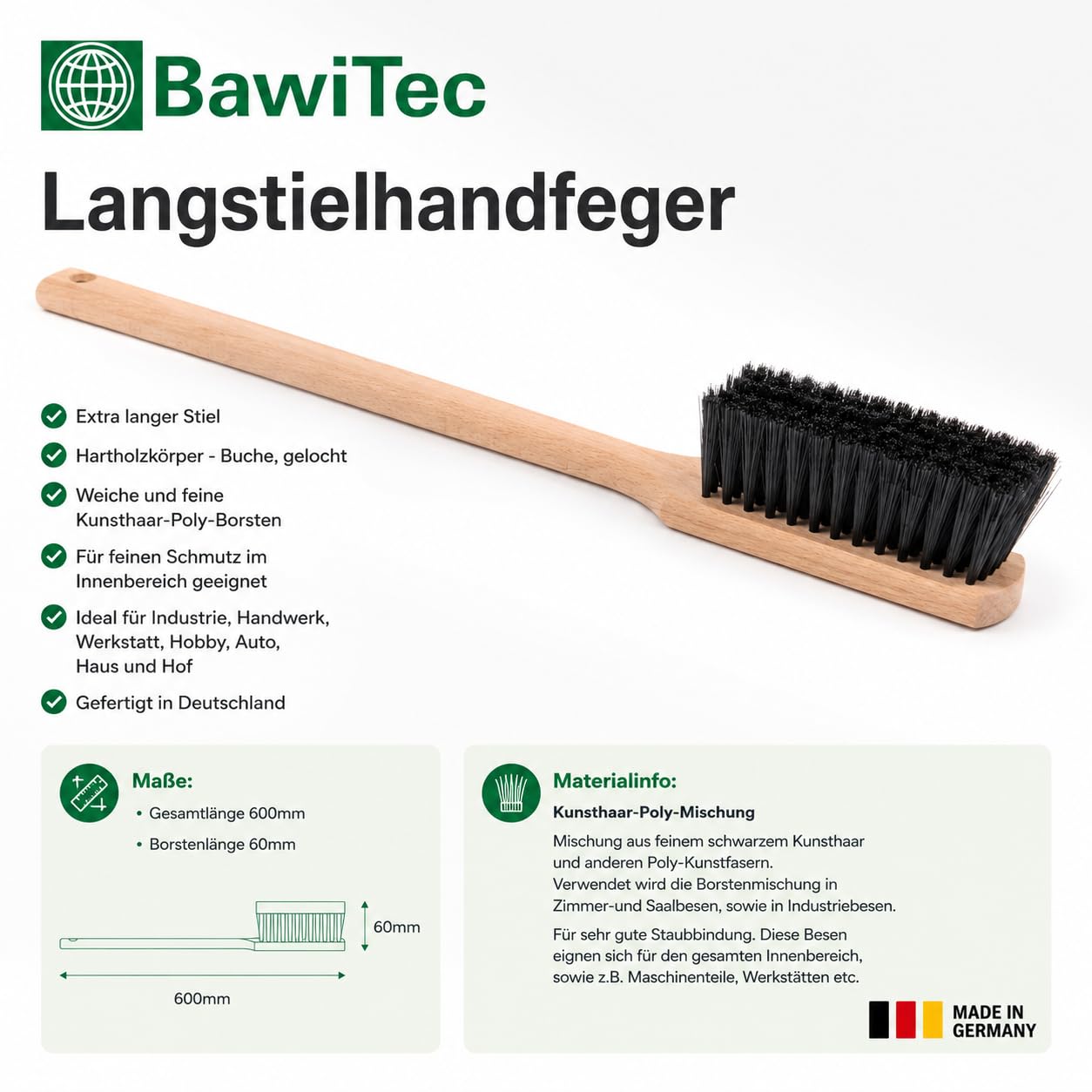 Langstiel Handfeger 60cm Lang weiche Kunsthaar Borsten Handbesen Holzgriff | Buchenholz-Körper, Feine Weiche Kunsthaar-Poly-Borsten, 600mm Lang