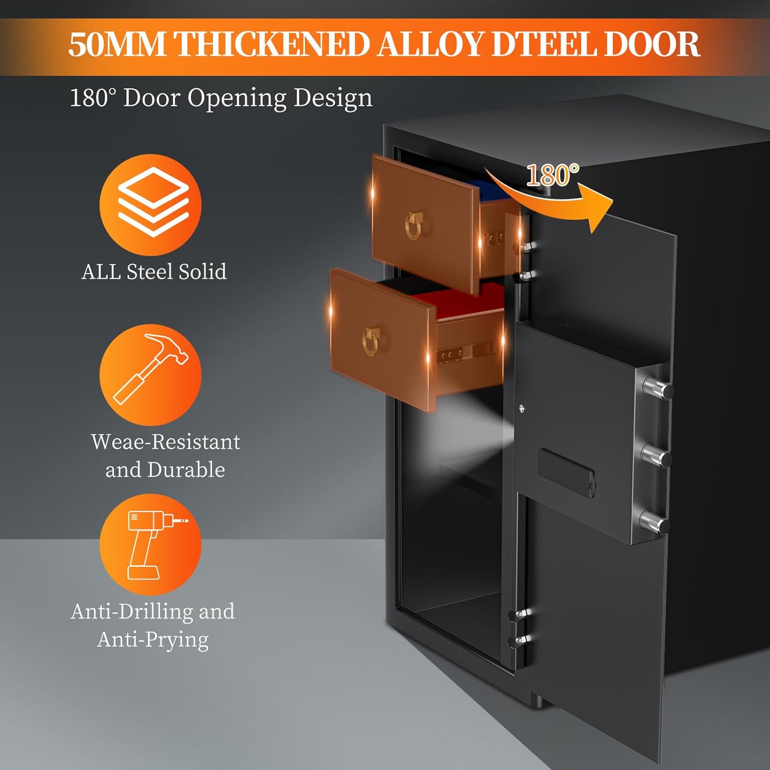 Interior view of the WASJOYE safe showing two lockable drawers and a removable shelf