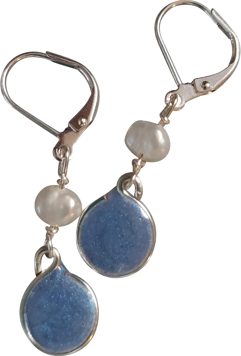 Handmade Lightweight Earrings Periwinkle and Pearl Drop Silvertone Leverback Beads by Bettina