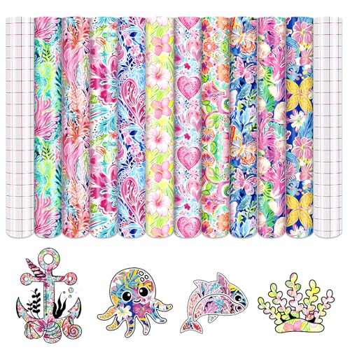 Tintnut Multicolor Watercolor Floral Permanent Vinyl - 10 Sheets 12"x10" for Cutting Machine, Waterproof Vinyl for Home Decor Self Sticker