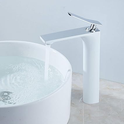 White Finish Bathroom Vessel Sink Faucet 1 Handle Single Hole Deck Mount Lavatory Elegant Coutertop Tall Tap Modern Leekayer