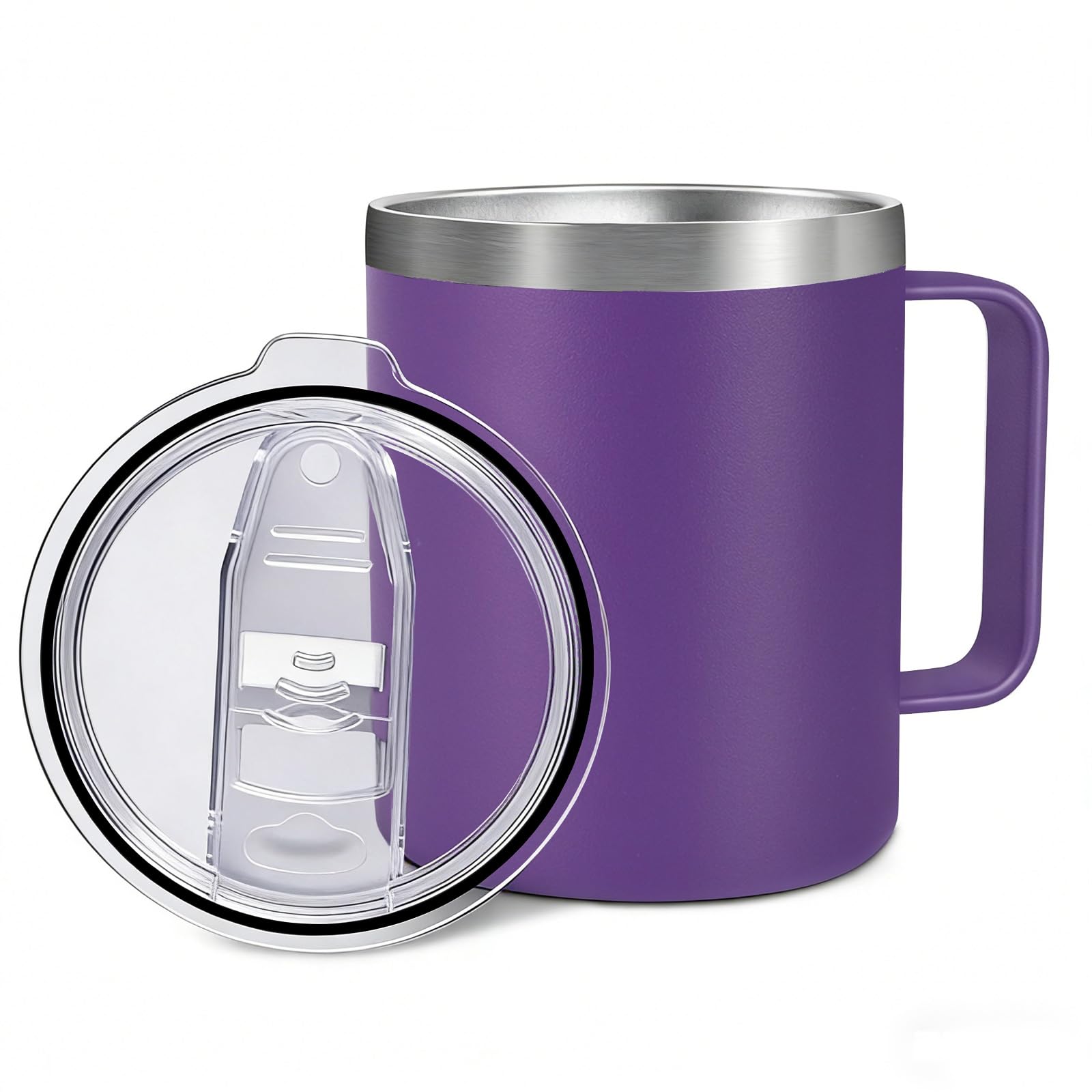 Byitin Insulated Mug 360ml, Stainless Steel Thermal Coffee Cup & Travel Mug with Handle and Lid, Double Wall Vacuum Leak-Proof for Hot & Cold Drinks, Camping & Office Use, Work & Commuting(Purple)