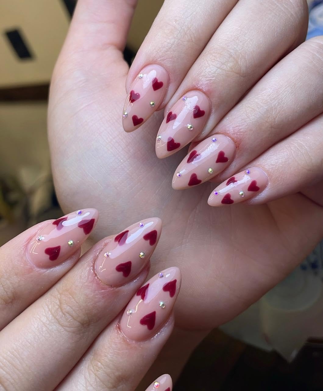 HAPPY FINGERS Artificial Nails - Handmade Press-on with Cats Eye Effect Pack of 12 Medium Almond Shape | Reusable, Heart Print Pre-Designed | Perfect Decorative Fake Nails for Women & Girls | Press-On Nail Tips |(Red Hearts)-picture-46