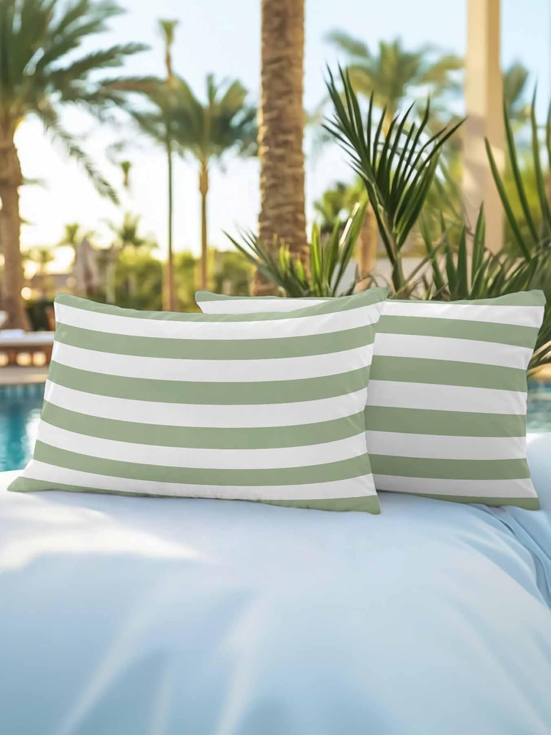 Outdoor Pillows Waterproof Set of 2, Sage Green Striped Decorative Throw Pillows for Patio Couch Bed Camping, Farmhouse Sage Green Stripes Lumbar Outdoor Pillow with Inserts Included 12x20