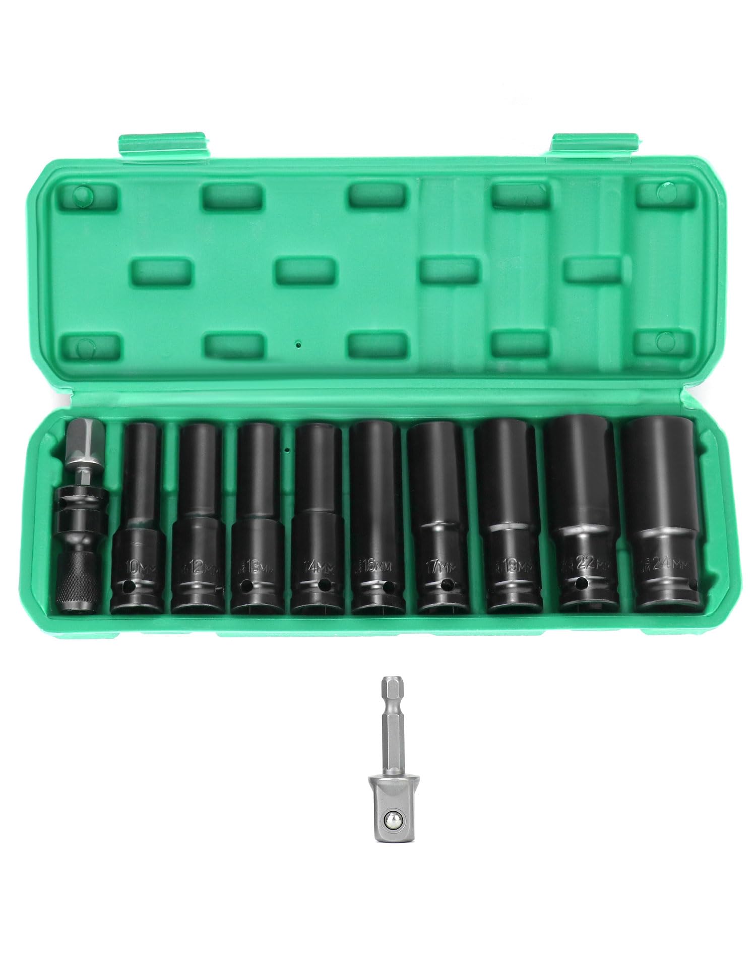 QWORK® 11 Piezas Llaves de Vaso Impacto Profundo de 1/2" con Adaptador de Dado, Vasos de Impacto Largos 10-24mm