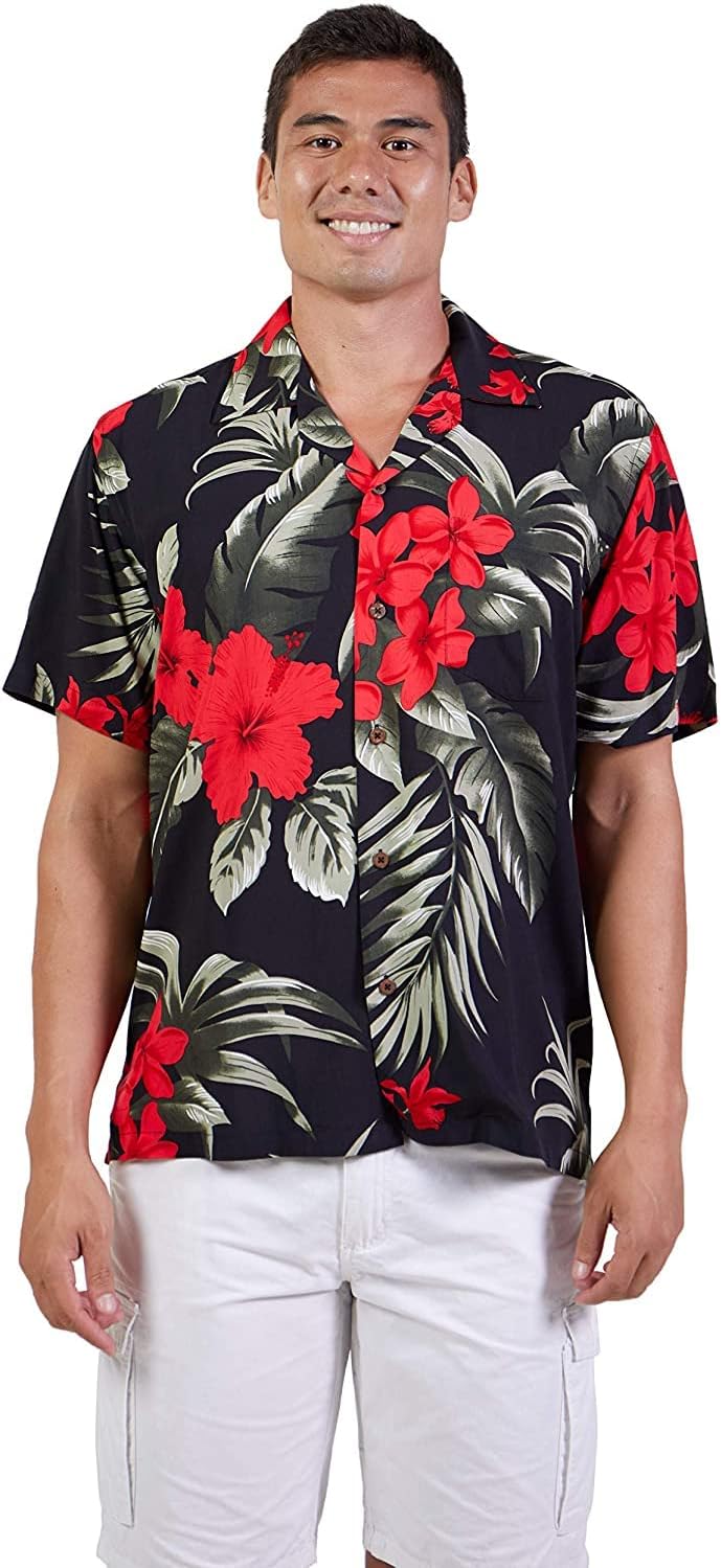 Tropical Luau Beach Floral Print Men’s Hawaiian Aloha Shirt (Small, Black/Red)