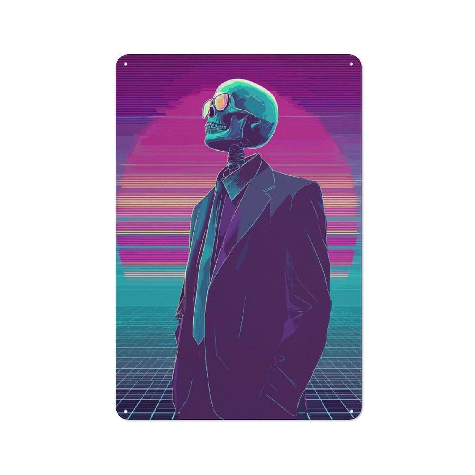 Junmoney Skeleton In Suit - Synthwave Style Tin Wall Plaque 30X20cm With For Guest Room Or Hallway, For Hallway Wall Decor Fans