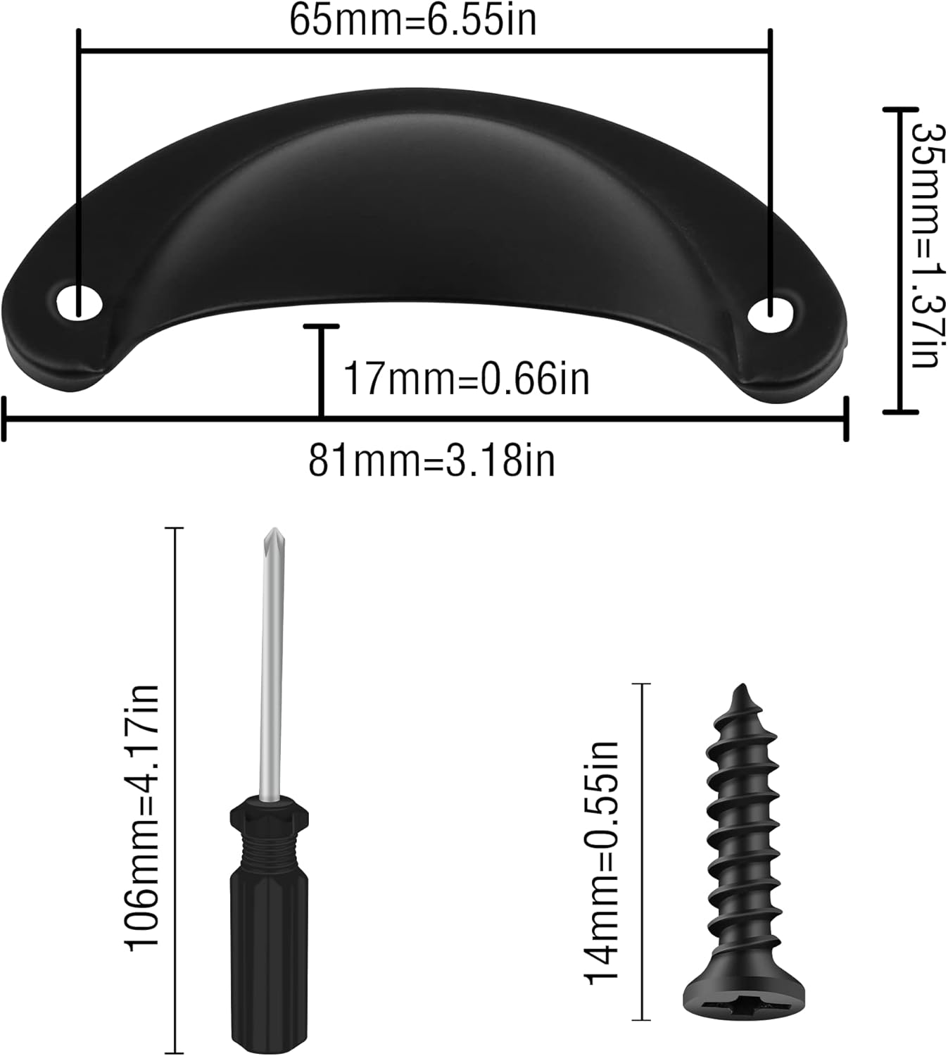 12 Pcs Shell Cup Pull Handles for Cabinet Cupboard Door Dresser Wardrobe Drawer with Screws & Screwdriver, 65mm Hole Centres, Black