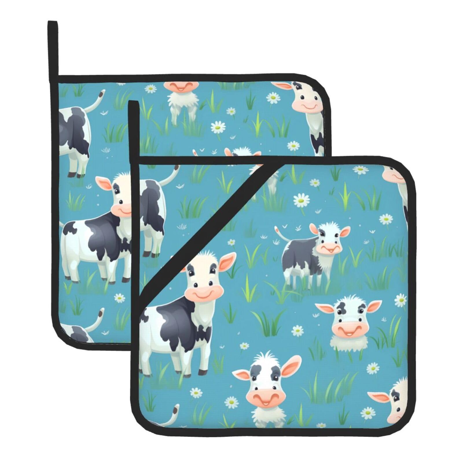 HJFCZH Cute Cow Printed Square Insulated Pot Mat Set (2-Piece) 8x8in Waterproof, Thickened & Easy to Clean with Lanyard Design for Kitchen, Oven & BBQ