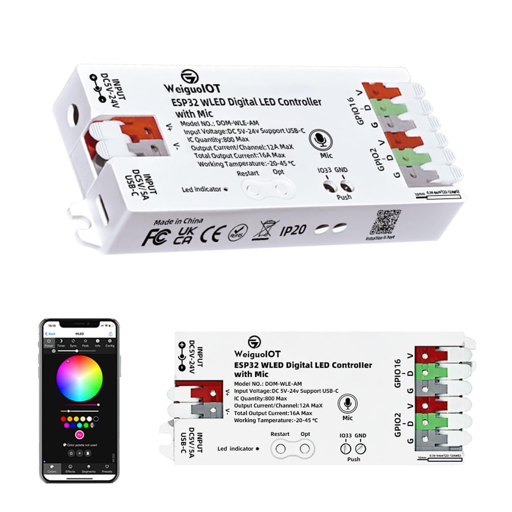 WeiguoIOT ESP32 WLED Digital LED Strip Controller with Microphone,Music Sync, USB-C, 5-24V, 16A Fuse