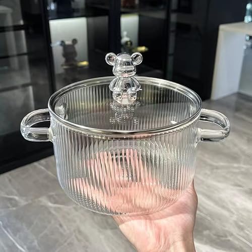 両耳クマ即席めん鍋 バイノーラルガラススープ鍋、ふたが付いているガラス鍋、家庭用ガラススープ鍋、非常に耐熱性、ホールドスープに最適、温かい料理 (透明,1500ml)