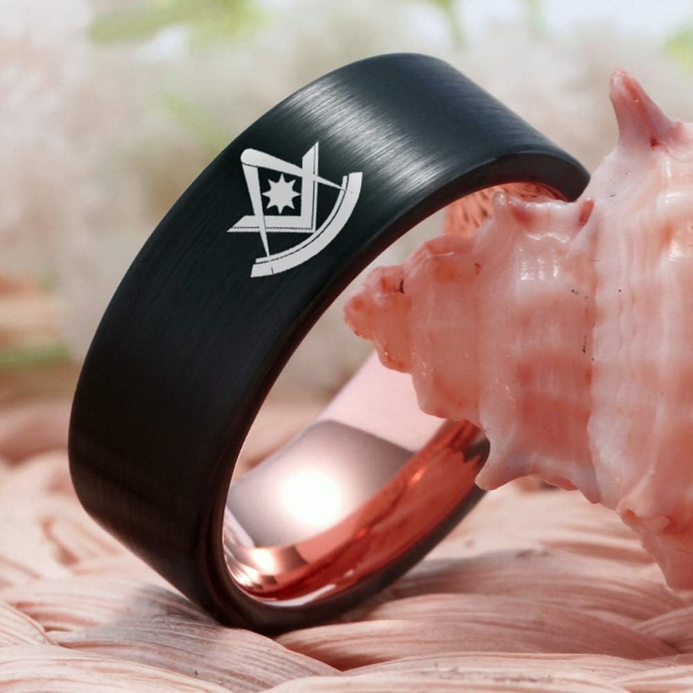 CLOUD DANCER Mason Past Master Symbol Design Rings 8mm Black Pipe Brushed and Rose Gold Tone Tungsten Carbide Wedding Ring-Free Customize Engraving