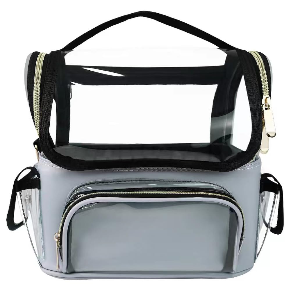 kamumanni Travel Makeup Bag, Waterproof Cosmetic Cases for Traveling, Makeup Brushes Holder Organizer with Adjustable Dividers, Train Case for Women, Grey Blue
