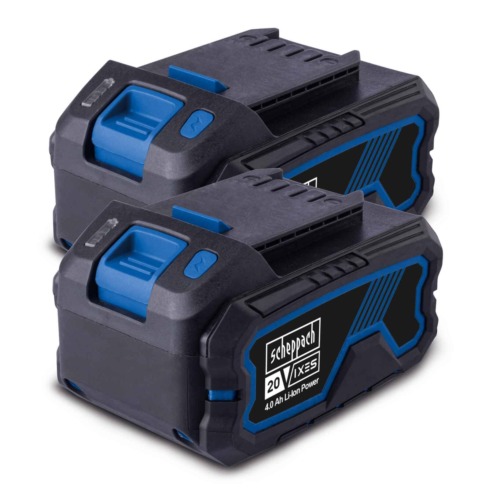 Original Scheppach 20V Akku Doppelpack Set 2x 4Ah Akku Ersatzakku | 20V-IXES-Serie | Ladezeit 60–120 Min je nach Ladegerät | 3stufige Ladeanzeige | Staub-& korrosionsgeschützt | Einzelzellenmanagement
