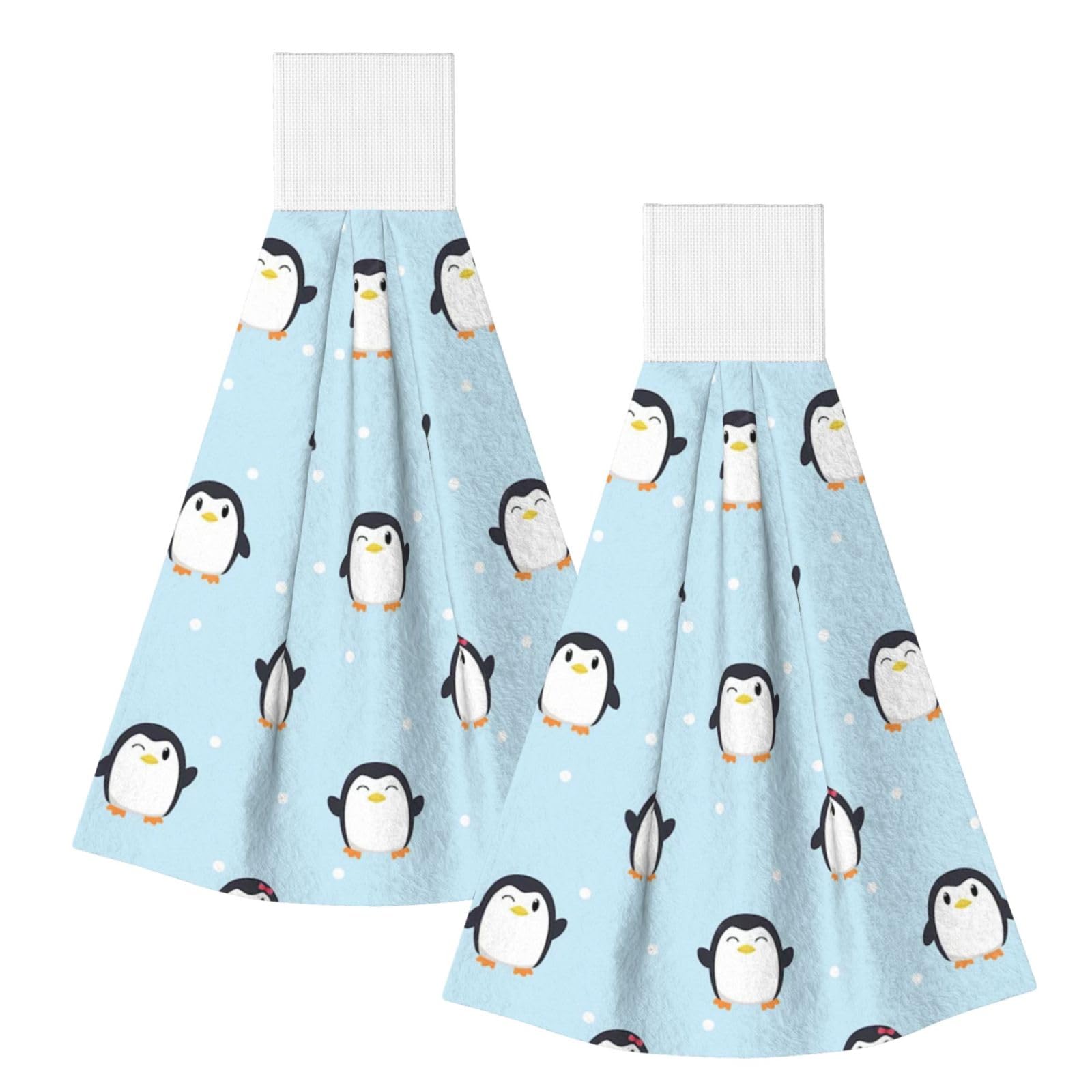 DOPKLNA Cute Penguin And Snow Printed, 2 Pcs Hanging Coral Fiber Hand Towels for Bathroom, Absorbent Kitchen Towels