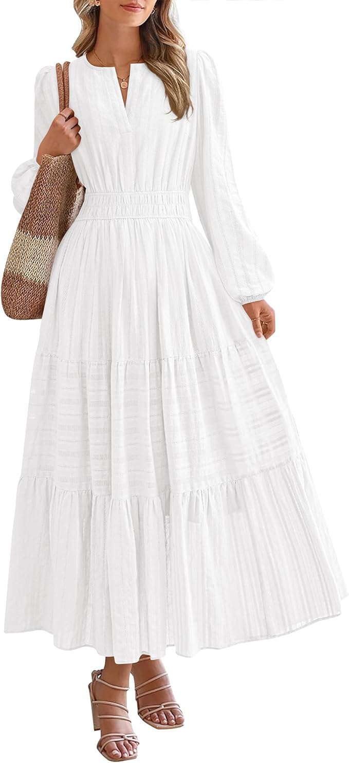 Vestido largo de manga larga para mujer, cuello en V, casual, fluido, para invitada de boda, con bolsillos, ligero